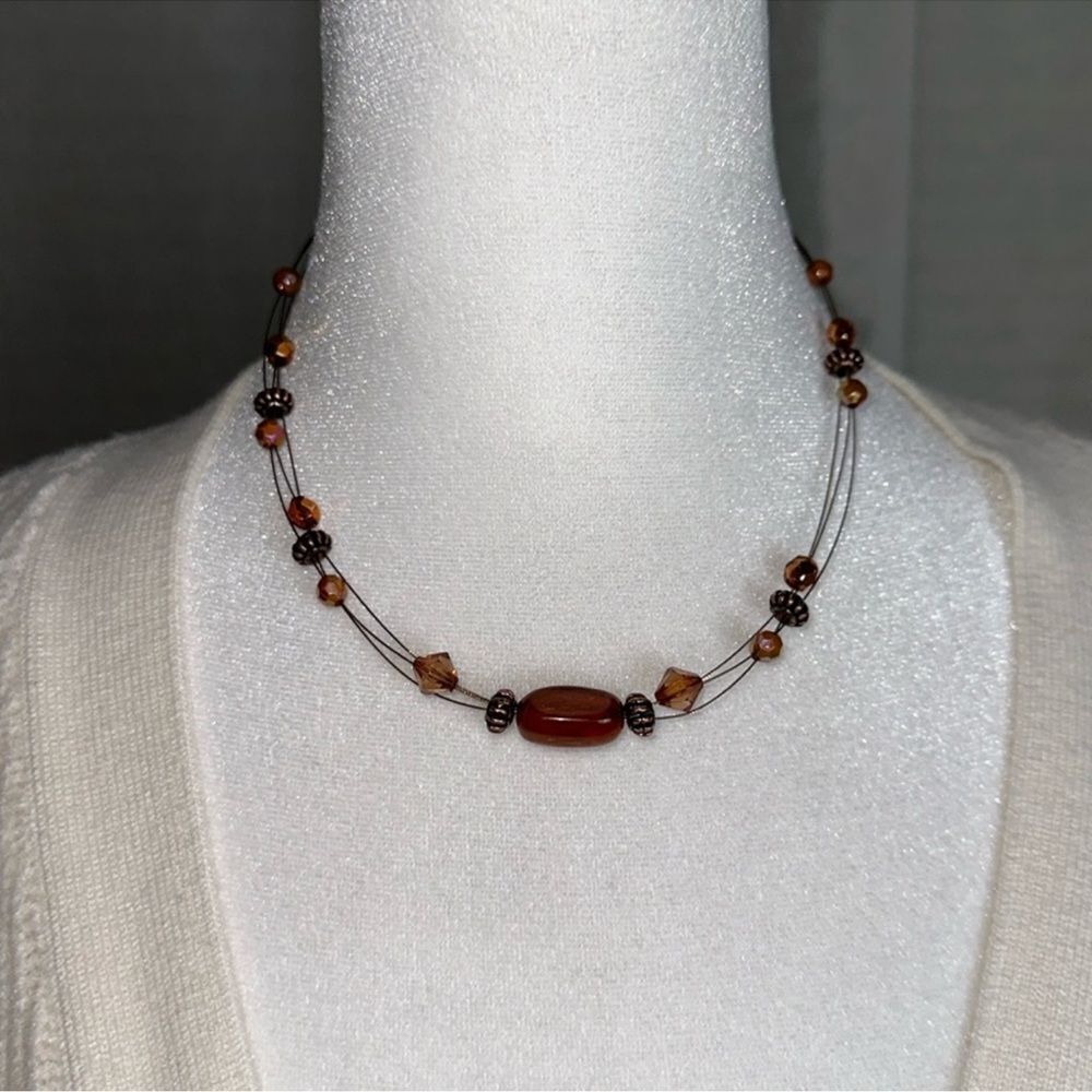 Brass Tone Brown Chocolate Small Three Strand Necklace